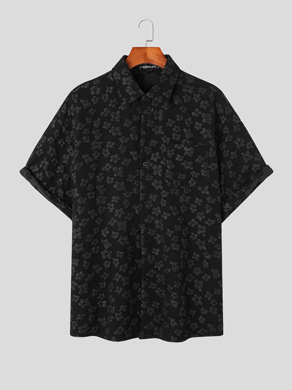 Mens Floral Jacquard Lapel Short Sleeve Shirt SKUK12443
