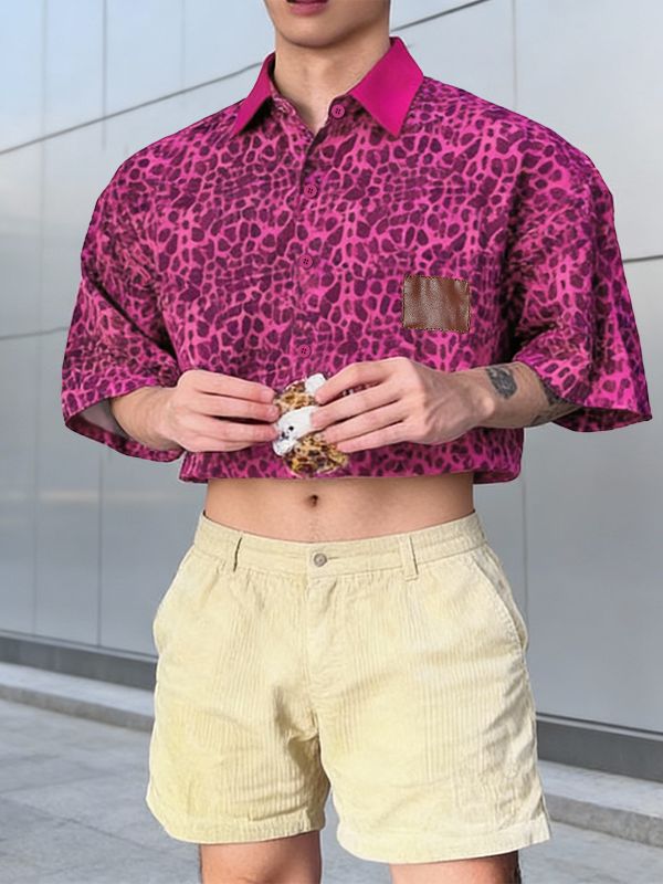 Men's Leopard Print Cropped Short Sleeve Shirt SKUL57156