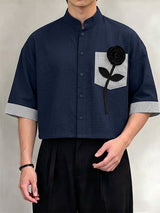Men's Vintage Casual Rose Applique Stripe Patchwork Cropped Half Sleeve Shirt SKUL75685