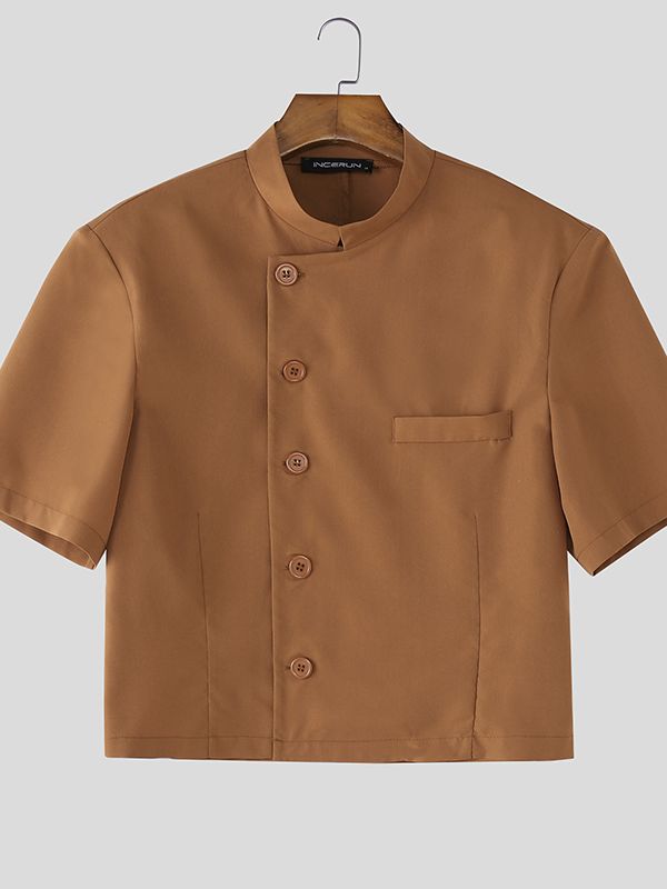 Men's Solid Color Stand Collar Cropped Short Sleeve Blazer SKUL50074