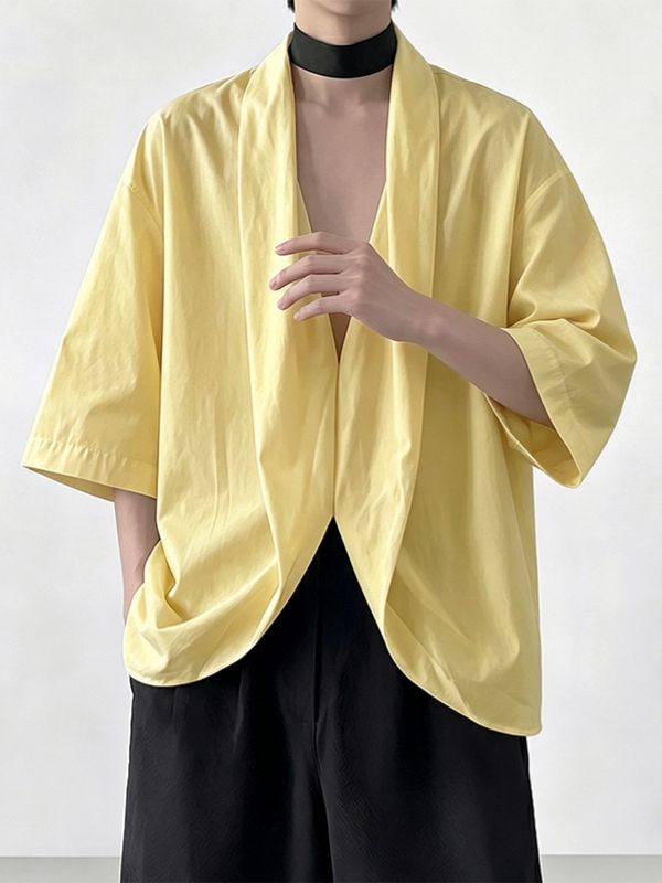 Men's Vintage Japanese Kimono Collar Asymmetric Twist Short Sleeve Shirt SKUL71353