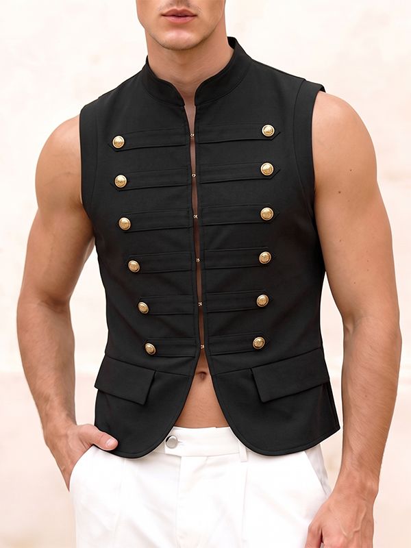 Men's Vintage Steampunk Military Hussar Stand Collar Sleeveless Waistcoat SKUL76355
