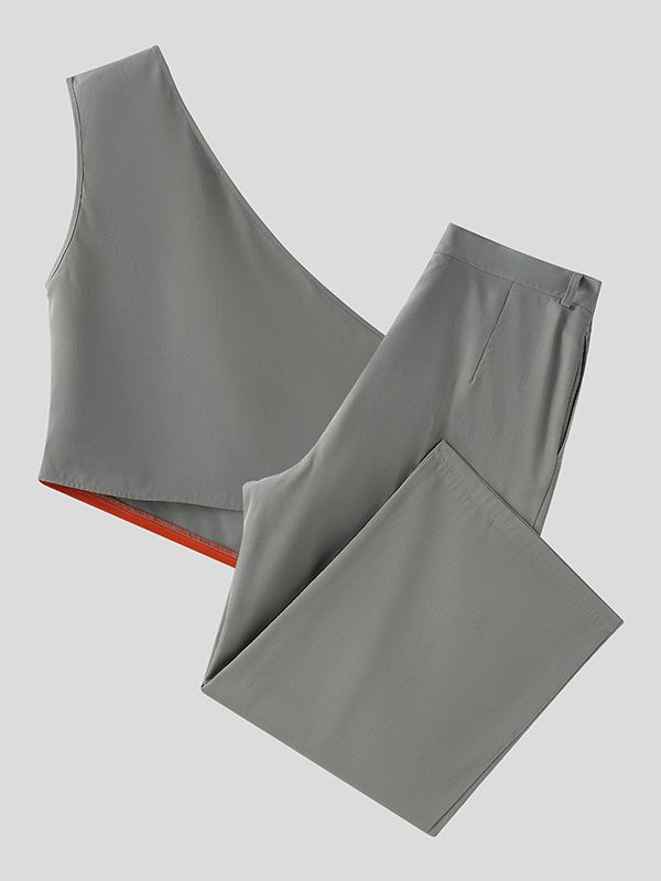 Men's Color Block One Shoulder Two Pieces Outfit SKUL37290