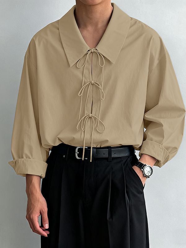 Men's Solid Color Lace Up Long Sleeve Shirt SKUL45166