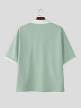 Men's City Boy Contrast Collar Dropped Shoulder V Neck Short Sleeve Shirt SKUL73770