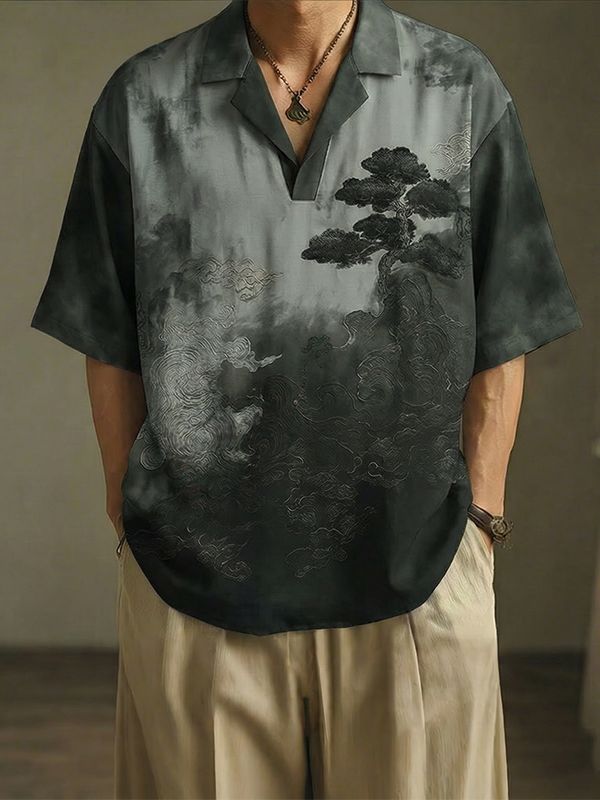 Men's Ink Style Landscape Print Gradient Short Sleeve T-shirt SKUL47727