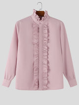 Men's Solid Color Ruffle Patchwork Long Sleeve Shirt SKUL42549