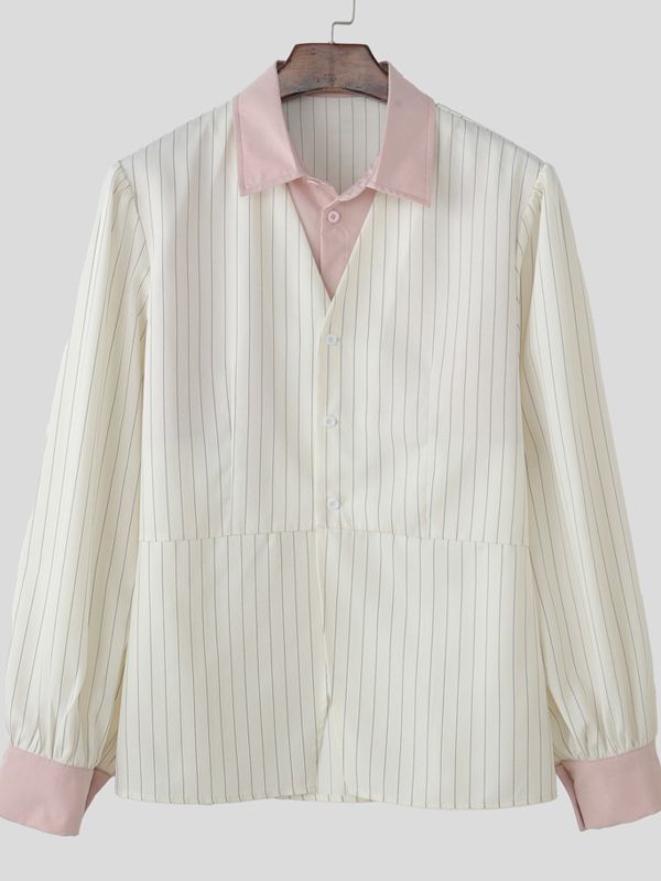 Men's Striped Color Block Cinched Waist Long Sleeve Shirt SKUL41383