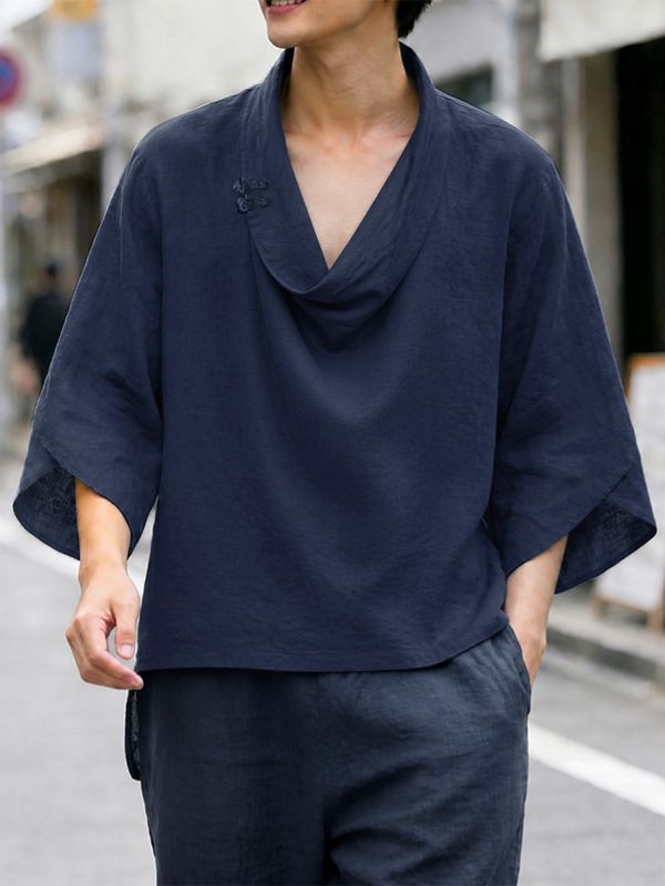 Men's Avant-Garde Modern Neo-Chinese Zen Cowl Neck Loose Kimono Sleeve Shirt SKUL73630