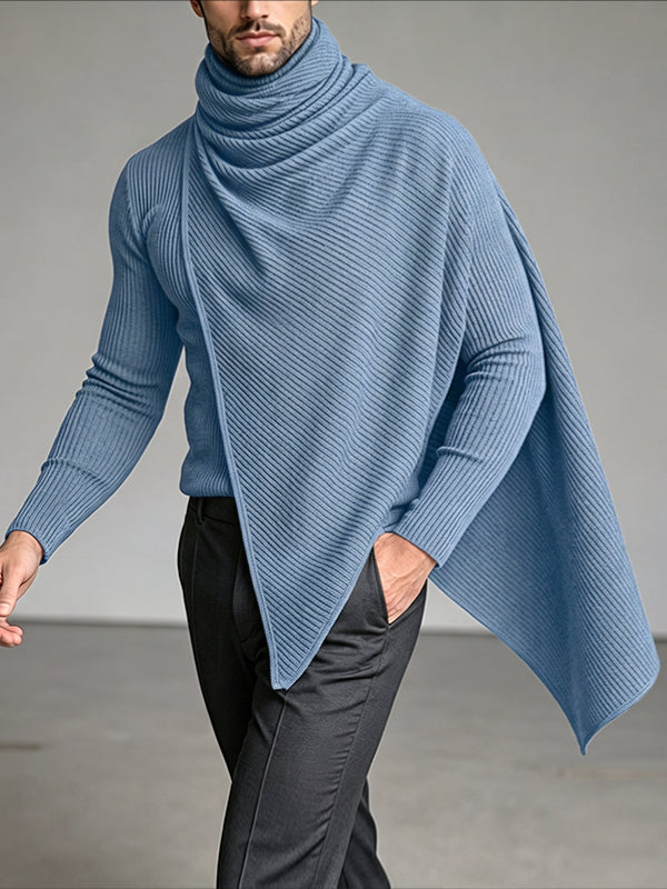 Men's Early Autumn Structural Asymmetrical Cowl-Cape Draped Ribbed Knit Sweater SKUL80476