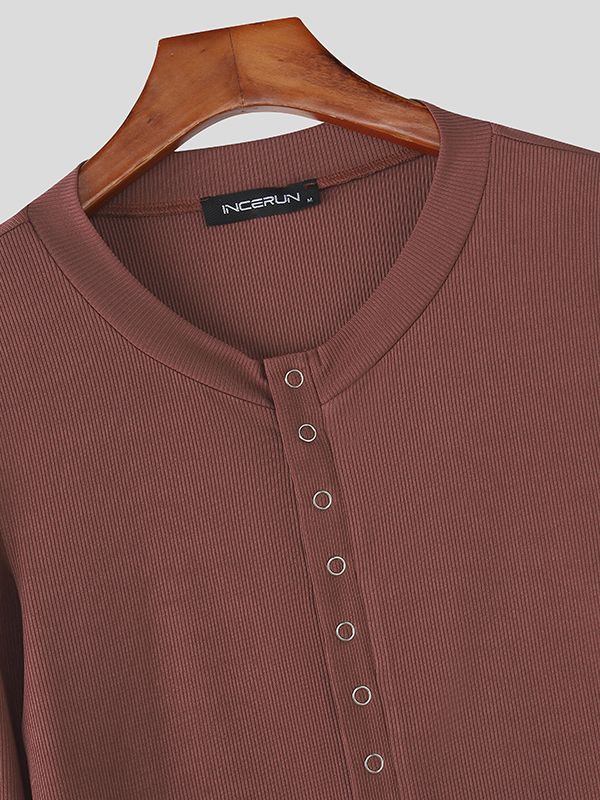 Men's Minimalist Textured Deep V Neck Long Sleeve T-shirt SKUL46565