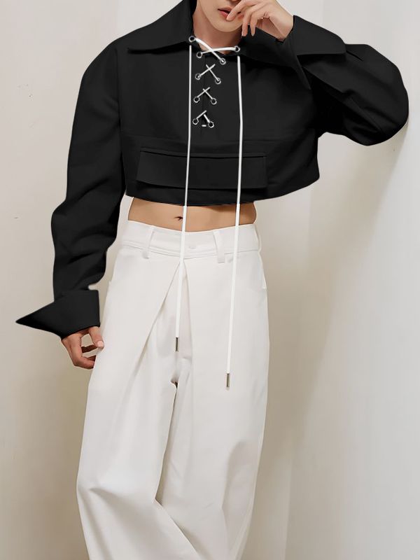 Men's Drawstring Tie Cropped Long Sleeve Shirt SKUL34230