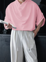 Men's Avant-Garde Cowl Neck Oversized Roll-Up Sleeve Pullover Shirt SKUL70266