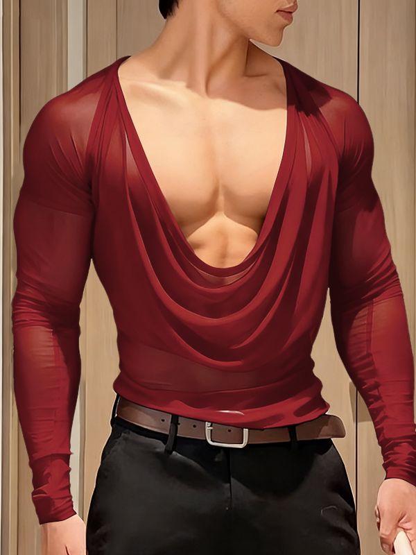 Men's Sheer Mesh Cowl Neck Long Sleeve T-shirt SKUL41054