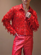 Men's Nightclub Party Semi-Sheer Fringe Button-Up Long Sleeve Shirt SKUL76467