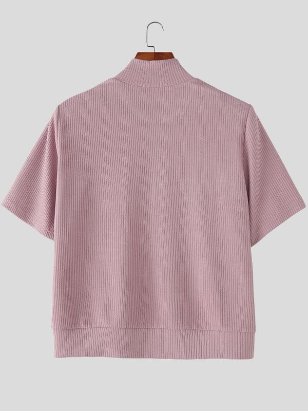 Men's Solid Color Textured Zip Short Sleeve T-shirt SKUL54063