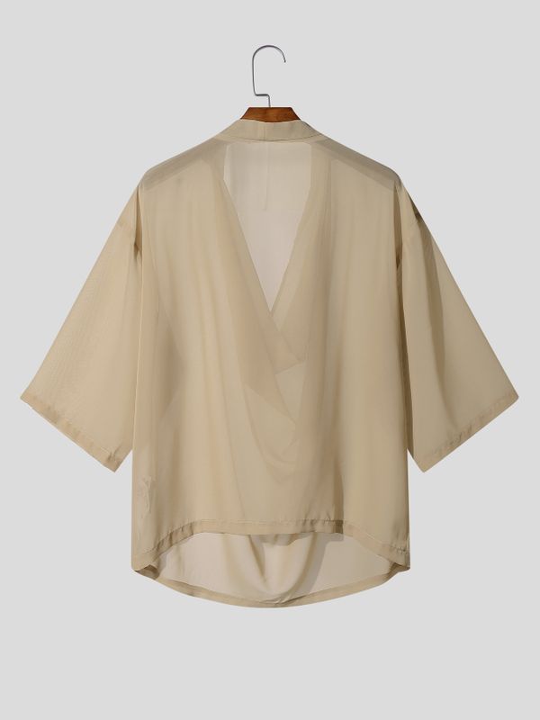 Men's Avant-Garde Romantic Deep Cowl Neck Sheer Mesh Loose Short Sleeve T-shirt SKUL69688