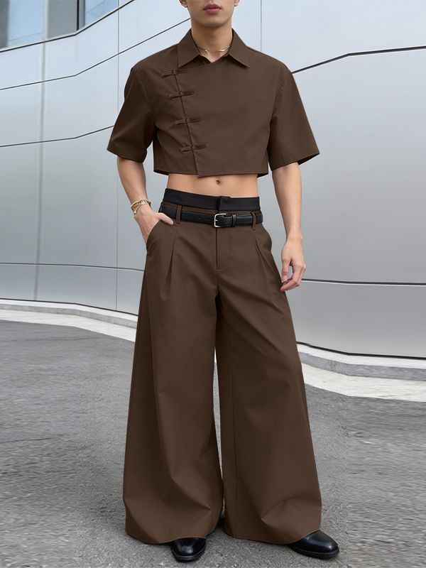 Men's Solid Color Asymmetric Frog Button Two Pieces Outfit SKUL57171