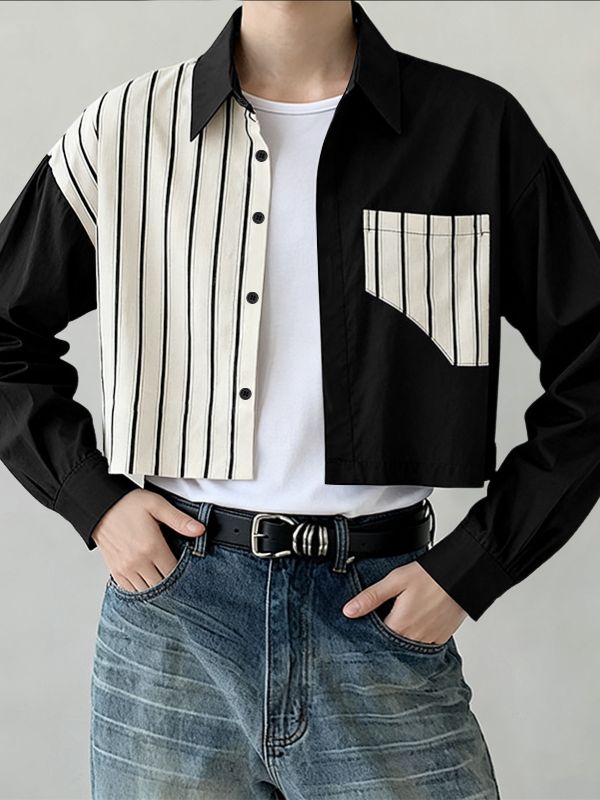 Men's Stripe Patchwork Contrast Color Cropped Short Sleeve Shirt SKUL41292