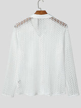 Men's Beach Resort Open Knit Mesh Sheer Long Sleeve Button Down Polo Shirt SKUL73669