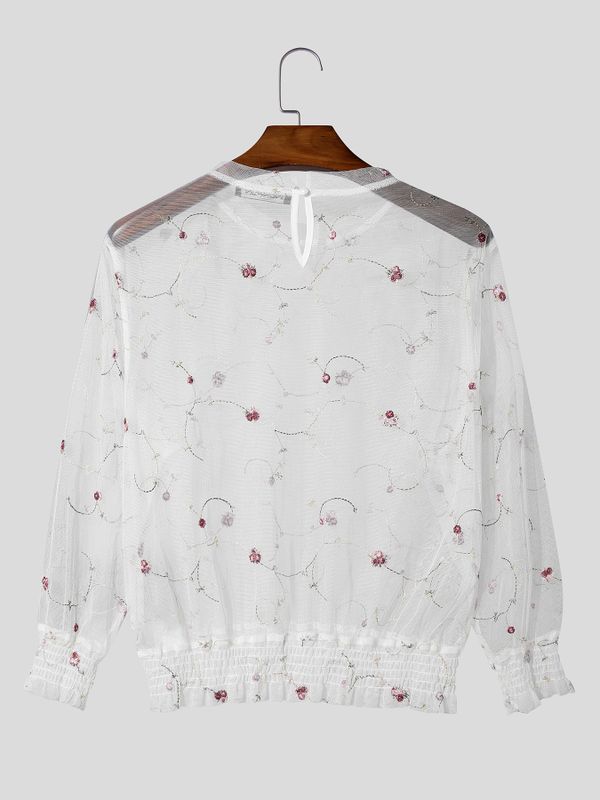Men's Avant-Garde Sheer Floral Embroidered Mesh Shirt SKUL59802