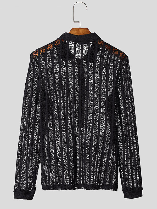 Mens Hollow Mesh See-Through Long Sleeve Shirt SKUK97834