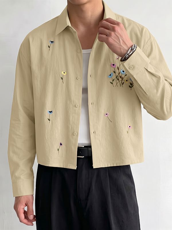 Men's Romantic Avant-Garde Floral Embroidered Boxy Cropped Long Sleeve Shirt SKUL78989