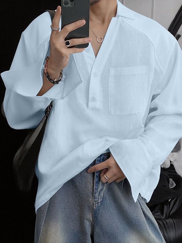 Men's Solid Color Small V Neck Long Sleeve Shirt SKUL35254