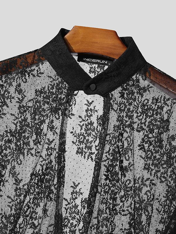 Men's Leather Strap Sheer Lace Long Sleeve Shirt SKUL47892