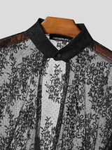 Men's Leather Strap Sheer Lace Long Sleeve Shirt SKUL47892