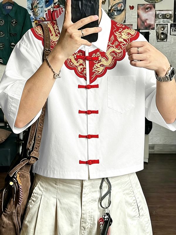 Men's Modern Chinoiserie Dragon Embroidery Frog Button Cuban Collar Short Sleeve Shirt SKUL56078