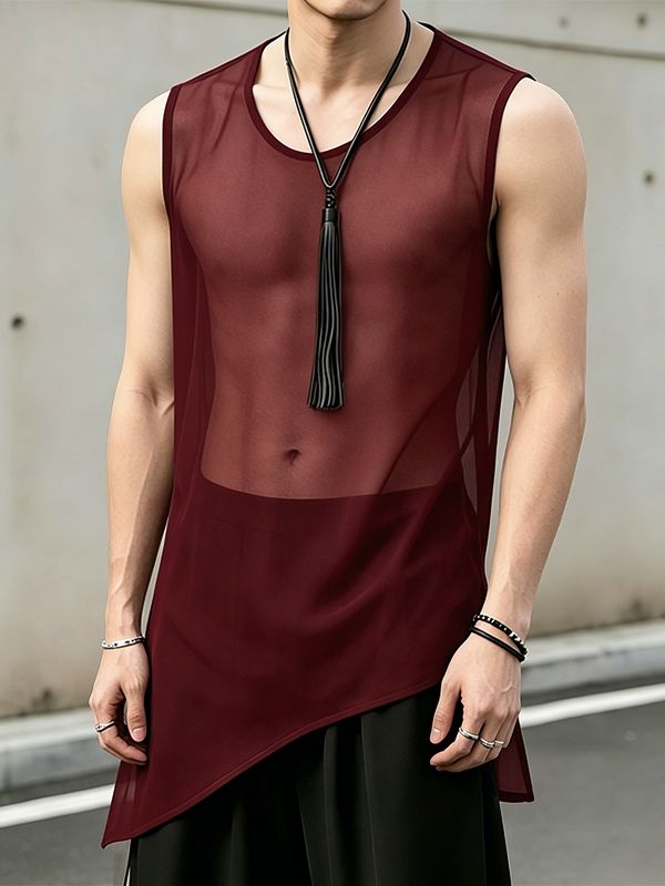 Men's Sexy Avant-Garde Asymmetric Hem Sheer Mesh Longline Sleeveless Tank SKUL66052