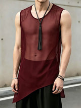 Men's Sexy Avant-Garde Asymmetric Hem Sheer Mesh Longline Sleeveless Tank SKUL66052