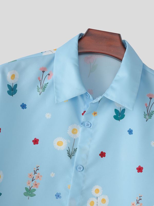 Men's Summer Vacation Floral Print Cropped Short Sleeve Button Up Casual Shirt SKUL69097