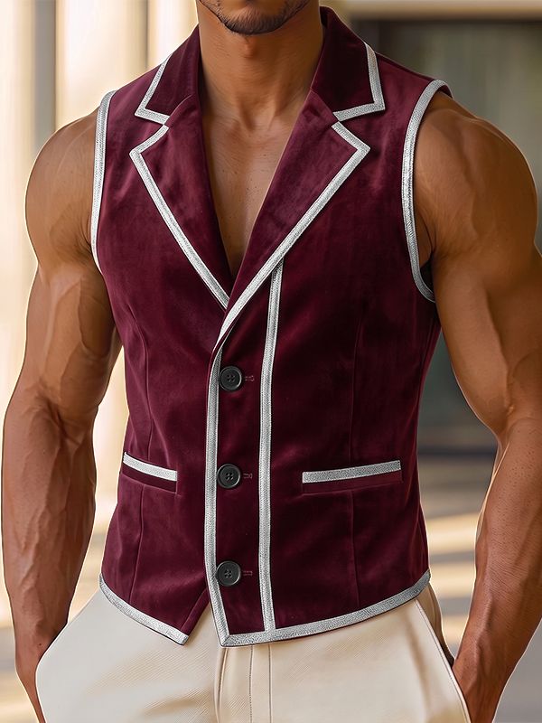 Men's Vintage Aristocratic Velvet Contrast Piping Notch Lapel Fit Waistcoat SKUL78977