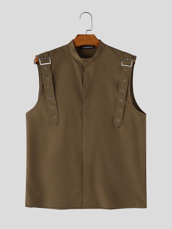 Men's Avant-Garde Industrial Buckled Shoulder Strap Mandarin Collar Sleeveless Shirt SKUL66042