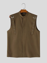 Men's Avant-Garde Industrial Buckled Shoulder Strap Mandarin Collar Sleeveless Shirt SKUL66042