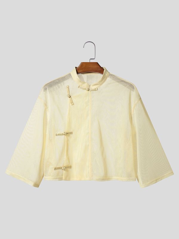 Men's Vintage Modern Chinese Mandarin Collar Sheer Mesh Cropped Frog Button Short Sleeve Shirt SKUL67081