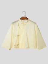 Men's Vintage Modern Chinese Mandarin Collar Sheer Mesh Cropped Frog Button Short Sleeve Shirt SKUL67081
