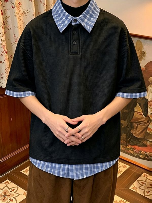 Men's Vintage Japanese Cityboy Aesthetic Fake Two-Piece Plaid Layered Polo Shirt SKUL70203