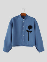 Men's Clean Fit 3D Rose Flower Patch Pocket Waffle Texture Long Sleeve Band Collar Shirt SKUL82419