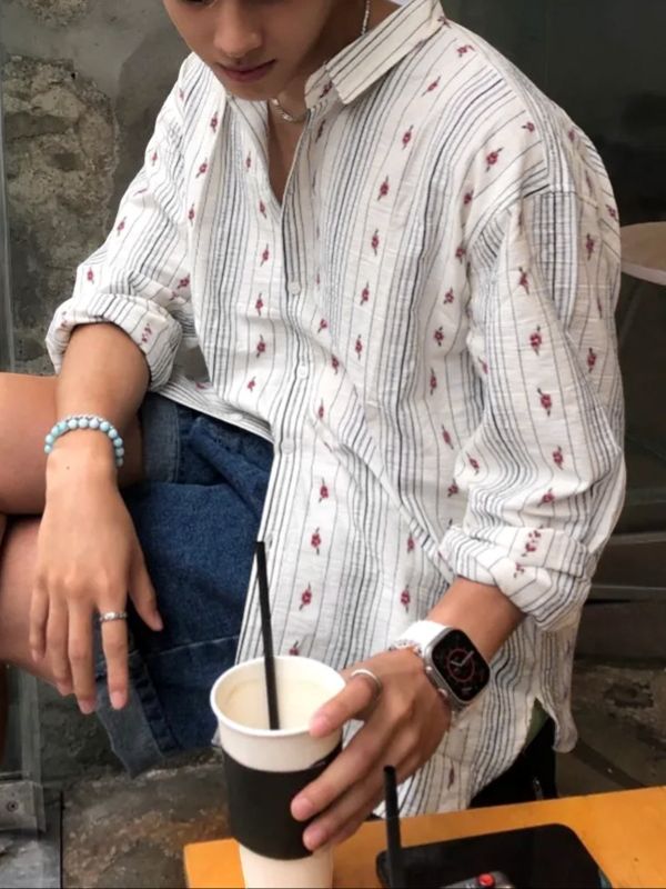 Men's Small Floral Dot Fine Stripe Long Sleeve Shirt SKUL43826