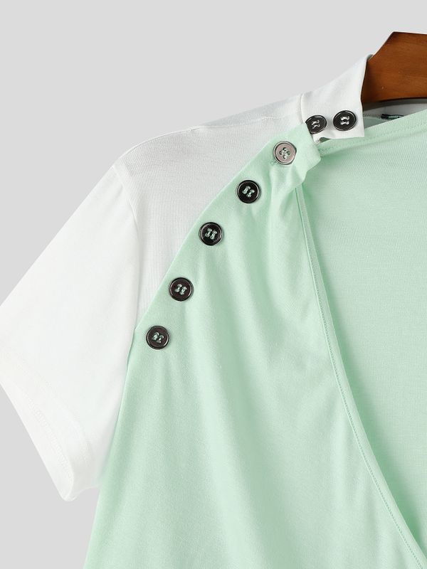 Men's Avant-Garde Deconstructed Asymmetric High-Neck Draped Fitted Short Sleeve T-shirt SKUL71253