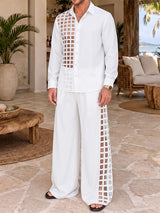 Men's Avant-Garde Vacation Resort Grid Cutout Asymmetric Sheer Two Pieces Outfit SKUL84805