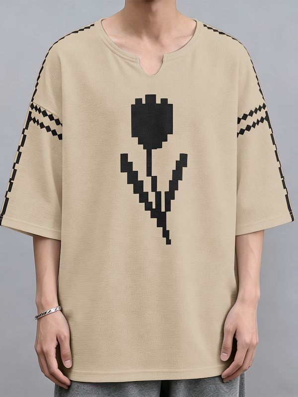 Men's High Street Retro Pixel Art Tulip Graphic Notch Neck Relaxed Knit T-shirt SKUL62117