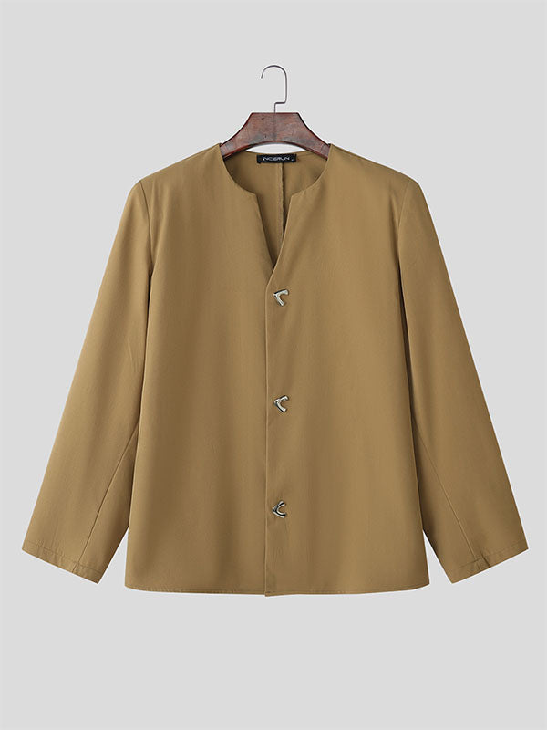 Mens Solid Color Casual Collarless Long Sleeve Blazer SKUL05348