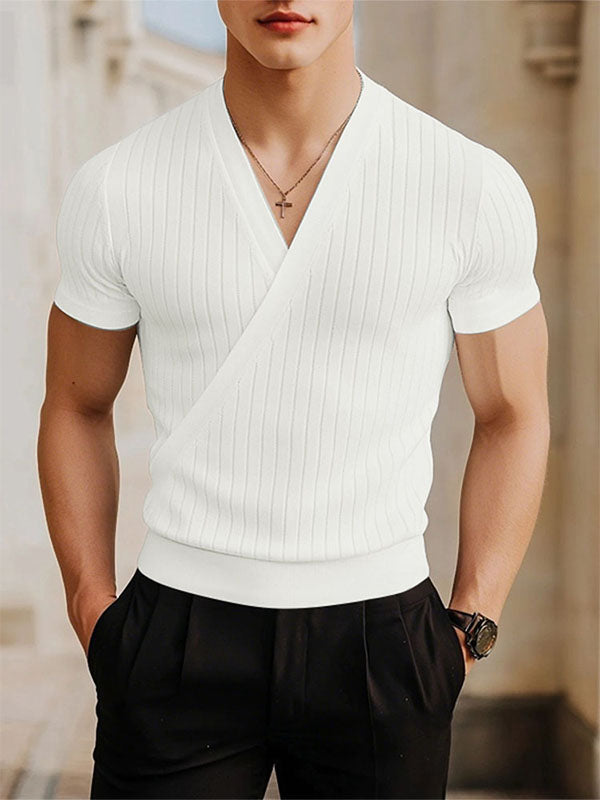 Mens Solid Color Textured V-Neck Short Sleeve T-Shirt SKUL17031