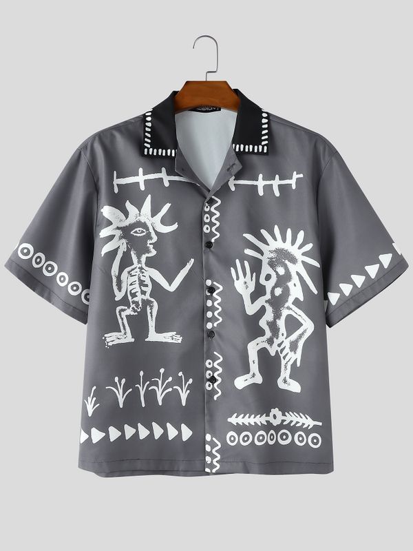 Men's Beach Resort Abstract Print Cuban Collar Short Sleeve Shirt SKUL73760