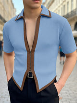 Men's Knit Contrast Color Zipper Short Sleeve Cardigan SKUL48006