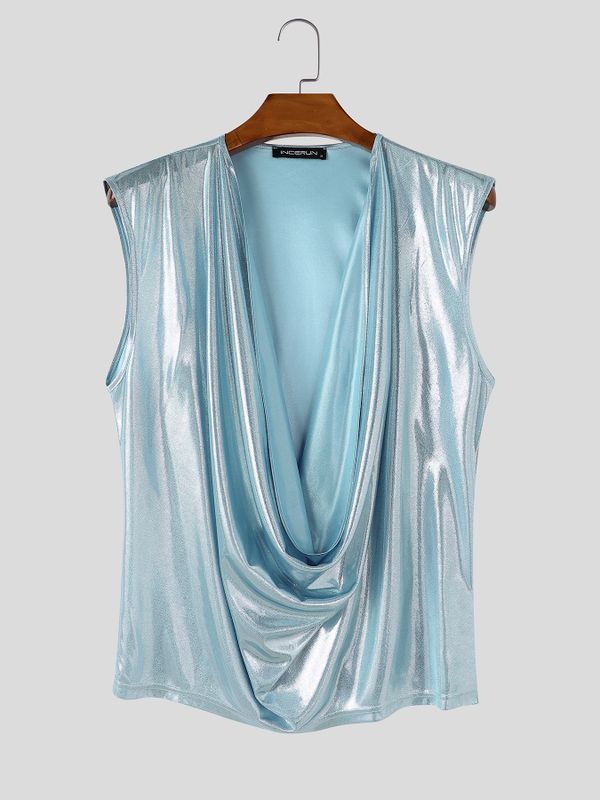 Men's Futuristic Disco Metallic Foil Deep V-Neck Cowl Neck Sleeveless Tank SKUL63145
